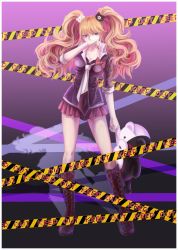 Rule 34 | 10s, 1girl, absurdres, bear hair ornament, blouse, blue eyes, boots, bow, caution tape, cross-laced footwear, danganronpa: trigger happy havoc, danganronpa (series), enoshima junko, full body, hair ornament, highres, holding, lace-up boots, long hair, looking at viewer, miniskirt, monokuma, nail polish, necktie, pink hair, pleated skirt, school uniform, shirt, skirt, sleeves rolled up, solo, spoilers, standing, stuffed animal, stuffed toy, teddy bear, twintails, yih