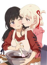 Rule 34 | 2girls, apron, black hair, blonde hair, blush, bowl, chocolate, chocolate making, collarbone, commentary, food, food on face, frilled shirt, frills, hair ribbon, highres, holding, holding spatula, inoue takina, licking, licking another&#039;s cheek, licking another&#039;s face, long hair, low twintails, lycoris recoil, multiple girls, nishikigi chisato, one eye closed, one side up, open mouth, or2 (sahr7857), pink shirt, purple eyes, red eyes, red ribbon, red sweater, ribbon, shirt, short hair, simple background, sleeves past elbows, spatula, sweatdrop, sweater, tongue, tongue out, twintails, valentine, white apron, white background, yuri