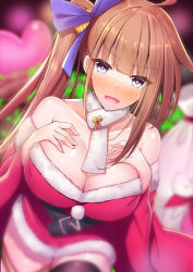 Rule 34 | ahoge, alternate costume, animal, asymmetrical legwear, bell, belt, blue eyes, blunt bangs, blurry, blush, breasts, brown hair, christmas, cleavage, coat, commentary, commentary request, depth of field, detached sleeves, dress, eyebrows, fal (girls&#039; frontline), fur trim, girls&#039; frontline, hair bell, hair ornament, hair ribbon, hand on own chest, heart, large breasts, long hair, looking at viewer, pet, ponytail, ribbon, scarf, side ponytail, single thighhigh, skindentation, strapless, strapless dress, tanakahazime, thigh strap, thighhighs, thighs, uneven legwear, unworn coat, wavy mouth
