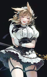 Rule 34 | 1girl, :d, alternate costume, apron, black apron, black background, blonde hair, bow, breasts, brown eyes, commentary, cowboy shot, dress, enmaided, hand up, head tilt, highres, large breasts, looking at viewer, maid, maid headdress, open mouth, petticoat, pointy hair, puffy short sleeves, puffy sleeves, shirt, short dress, short hair, short sleeves, simple background, smile, solo, standing, syuri22, thigh strap, thighs, touhou, toyosatomimi no miko, waist apron, white bow, white dress, white shirt