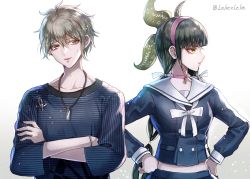 Rule 34 | 1boy, 1girl, ahoge, amami rantaro, black hair, blonde hair, chabashira tenko, choker, collarbone, commentary request, danganronpa (series), danganronpa v3: killing harmony, ear piercing, green eyes, hair between eyes, hair ornament, hair ribbon, hairband, hands on own hips, jewelry, long hair, looking at viewer, male focus, necklace, open mouth, parted lips, piercing, pink choker, pout, ribbon, school uniform, shirt, short hair, simple background, skirt, smile, striped clothes, striped shirt, twintails, white background, white ribbon, z-epto (chat-noir86)