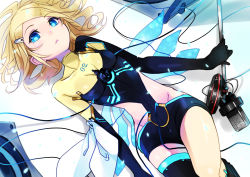 Rule 34 | 1girl, arm ribbon, asymmetrical clothes, black socks, blonde hair, blue eyes, cable, clothes writing, clothing cutout, dutch angle, flat chest, from above, groin, hair ornament, hair spread out, hairclip, highres, hip focus, holding, kagamine rin, kneehighs, leotard, looking at viewer, lying, microphone, microphone stand, midriff, nana g, narrow waist, no panties, on back, parted lips, petals, ribbon, short hair, side cutout, single kneehigh, single sock, single thighhigh, skinny, socks, solo, swept bangs, thighhighs, vocaloid, wavy hair, wide hips, wings, zettai ryouiki
