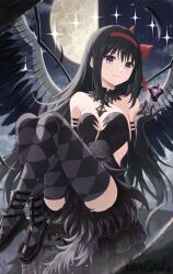 Rule 34 | 1girl, absurdres, akemi homura, akuma homura, argyle, argyle clothes, argyle legwear, bare shoulders, black dress, black gloves, black hair, breasts, cleavage, dark orb (madoka magica), dress, elbow gloves, falling feathers, feathers, gloves, highres, junshiki, looking at viewer, mahou shoujo madoka magica, purple eyes, small breasts, smile, solo, wings