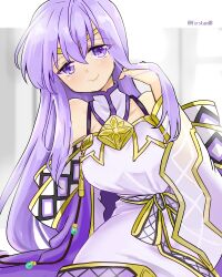 Rule 34 | 1girl, bare shoulders, blush, breasts, circlet, dress, fire emblem, fire emblem: genealogy of the holy war, hand in own hair, julia (fire emblem), long hair, medium breasts, nintendo, purple eyes, purple hair, simple background, smile, solo, yukia (firstaid0)