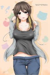 Rule 34 | 1girl, :o, antenna hair, artist name, bad id, bad pixiv id, blush, breasts, brown eyes, brown hair, cleavage, collarbone, female focus, gluteal fold, grey jacket, hair between eyes, head tilt, highres, jacket, large breasts, long hair, looking at viewer, multicolored hair, off shoulder, open clothes, open jacket, original, pants, paw pose, raizo35, short hair, signature, simple background, solo, standing, tank top, thigh gap, two-tone hair