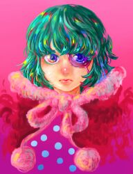 Rule 34 | 1girl, blue eyes, capelet, child, closed mouth, cropped torso, fur trim, gradient background, green hair, looking at viewer, mawari28, medium hair, monocle, one piece, polka dot, portrait, red capelet, serious, sugar (one piece)