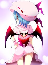 Rule 34 | 1girl, ass, bat wings, blush, colored eyelashes, dress, eyes visible through hair, from behind, gradient background, hand on own hip, hat, light purple hair, looking at viewer, looking back, mob cap, pink dress, red eyes, remilia scarlet, short hair, solo, tamuhi, touhou, wings, wrist cuffs