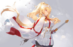 Rule 34 | 1girl, black pantyhose, blonde hair, blue eyes, breasts, cape, character name, closed mouth, cowboy shot, dress, duke of york (zhan jian shao nyu), from side, gloves, hair over one eye, hairband, holding, holding sword, holding weapon, kishiyo, long hair, looking away, medium breasts, military, military uniform, necktie, pantyhose, ponytail, red necktie, revision, sheath, sheathed, short dress, solo, swept bangs, sword, uniform, very long hair, warship girls r, weapon, white dress, white gloves, white hairband