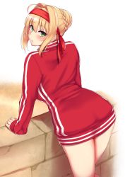 Rule 34 | 1girl, absurdres, ahoge, arched back, ass, blonde hair, blush, braid, fate/grand order, fate (series), french braid, from behind, green eyes, hair between eyes, hair bun, hair intakes, headband, highres, jacket, looking at viewer, looking back, nero claudius (fate), nero claudius (fate) (all), nero claudius (fate/extra), nero claudius (olympian bloomers) (fate), official alternate costume, oogatazin, pursed lips, sidelocks, single hair bun, sleeves past wrists, solo, thighs, track jacket