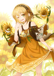 Rule 34 | 1girl, ;), absurdres, breasts, clothes lift, dress, flower, hair ornament, headband, highres, lifted by self, light brown hair, one eye closed, original, sho (sumika), short hair, skirt, skirt lift, small breasts, smile, solo, standing, sunflower