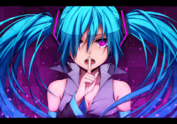 Rule 34 | 1girl, aqua hair, bad id, bad pixiv id, breasts, cleavage, female focus, finger to mouth, gradient background, hair ornament, hatsune miku, highres, long hair, medium breasts, open mouth, purple eyes, shirotaka (5choume), solo, twintails, vocaloid