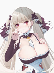 Rule 34 | 1girl, arm up, azur lane, bare shoulders, between breasts, black bow, black nails, blunt bangs, blush, bow, breasts, cleavage, collarbone, commentary request, corset, detached collar, earrings, formidable (azur lane), frills, grey background, hair bow, hand on own chest, jewelry, large breasts, long hair, long sleeves, looking at viewer, moli qiyue, nail polish, purple eyes, signature, simple background, solo, twintails, upper body, very long hair