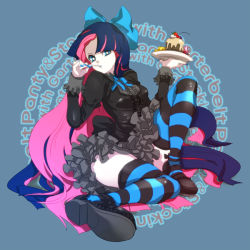 Rule 34 | 10s, 1girl, blue eyes, bow, cake, colored inner hair, female focus, food, frills, full body, garamgum, hair bow, long hair, multicolored hair, panty &amp; stocking with garterbelt, solo, stocking (psg), striped clothes, striped thighhighs, thighhighs, two-tone hair