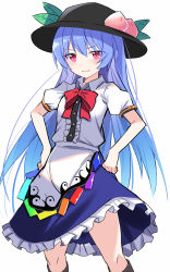 Rule 34 | 1girl, black hat, blue hair, blue skirt, blush, boots, buttons, center frills, collared shirt, e.o., feet out of frame, food, frilled skirt, frills, fruit, hair between eyes, hat, highres, hinanawi tenshi, knee boots, long hair, open mouth, peach, puffy short sleeves, puffy sleeves, rainbow order, red eyes, shirt, short sleeves, simple background, skirt, solo, touhou, white background, white shirt