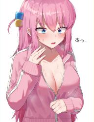 Rule 34 | absurdres, blue eyes, blush, bocchi the rock!, breasts, breath, cleavage, collar, collarbone, fanning self, gotoh hitori, hair ornament, highres, hot, jacket, large breasts, long hair, long sleeves, looking down, motion lines, open mouth, partially unzipped, pink hair, pink track suit, seya (sseya33), sidelocks, simple background, sweat, track jacket, translated, upper body, wet, wet clothes, white background, zipper