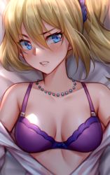 Rule 34 | 1girl, bare shoulders, bed sheet, blonde hair, blue eyes, blush, bra, breasts, cleavage, clenched teeth, collarbone, from above, grey shirt, hair between eyes, hair ornament, hair scrunchie, hayasaka ai, highres, hua-j, jewelry, kaguya-sama wa kokurasetai ~tensai-tachi no renai zunousen~, long hair, looking at viewer, lying, medium breasts, necklace, off shoulder, on back, on bed, open clothes, open shirt, parted lips, purple bra, scrunchie, shirt, side ponytail, solo, teeth, underwear, v-shaped eyebrows
