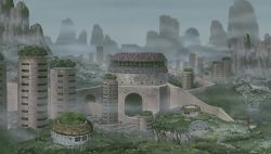 Rule 34 | building, city, day, fog, kirigakure, landscape, mountain, naruto, naruto (series), no humans, official art, outdoors, road, scenery, third-party source, tower, tree, window