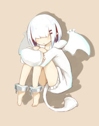 Rule 34 | 1girl, ankle cuffs, barefoot, feet, hair ornament, hair over eyes, hairclip, highres, hood, hoodie, hugging own legs, khezu, monster girl, monster hunter (series), multicolored hair, personification, pointy ears, red hair, sepia background, sidelocks, simple background, sitting, sketch, solo, tail, toes, two-tone hair, white hair, white theme, wide sleeves, wings, zizi niisan