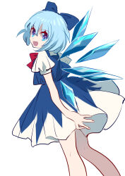 Rule 34 | 1girl, absurdres, bad arm, blue bow, blue dress, blue eyes, blue hair, bow, bowtie, cirno, detached wings, dress, from side, hair between eyes, hair bow, happy, head tilt, highres, ice, ice wings, looking at viewer, looking to the side, medium hair, open mouth, pinafore dress, puffy short sleeves, puffy sleeves, red bow, red bowtie, shirt, shocho (shaojiujiu), short sleeves, simple background, sleeveless, sleeveless dress, smile, solo, touhou, white background, white shirt, wings