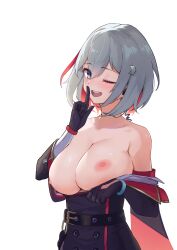 Rule 34 | 1girl, absurdres, black gloves, blue eyes, breasts, breasts out, clothes pull, colored inner hair, elbow gloves, finger to mouth, gloves, grey hair, hair between eyes, hasu no shiro, highres, honkai: star rail, honkai (series), large breasts, looking at viewer, multicolored hair, nipples, one eye closed, open mouth, red hair, short hair, shushing, simple background, smile, solo, teeth, topaz (honkai: star rail), upper teeth only, white background