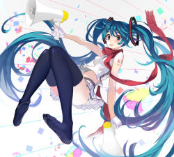 Rule 34 | 1girl, :d, aqua eyes, aqua hair, bad id, bad pixiv id, black thighhighs, convenient leg, feet, gloves, hatsune miku, highres, holding, long hair, md5 mismatch, megaphone, no shoes, open mouth, panties, red scarf, scarf, shengkong (prank), sixingcao, skirt, sleeveless, smile, solo, striped clothes, striped panties, tattoo, thighhighs, toes, twintails, underwear, very long hair, vocaloid, white gloves