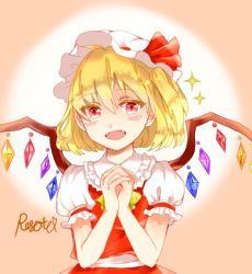 Rule 34 | 1girl, ascot, blonde hair, blouse, bow, colored eyelashes, crystal, fangs, female focus, flandre scarlet, gradient background, hair bow, hat, interlocked fingers, looking at viewer, mob cap, open mouth, own hands clasped, own hands together, red eyes, red shirt, rosette (pixiv), rosette (roze-ko), shirt, short hair, side ponytail, signature, slit pupils, solo, sparkle, touhou, wings