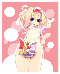 Rule 34 | 1girl, alice margatroid, arm up, blonde hair, blue eyes, blush stickers, bow, breasts, censored, convenient censoring, female focus, from below, hair bow, hairband, long hair, no nose, nude, open mouth, shanghai doll, short hair, small breasts, soap, solo, standing, touhou, usoneko