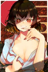 Rule 34 | 1girl, black hair, black wings, blush, border, breasts, chilwell seele, cleavage, collarbone, finger to own chin, grin, hand up, highres, large breasts, looking at viewer, medium hair, nail polish, no headwear, pointy ears, puffy short sleeves, puffy sleeves, red eyes, red nails, shameimaru aya, shirt, short sleeves, smile, solo, teeth, touhou, unbuttoned, upper body, wings
