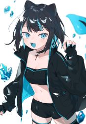 Rule 34 | 1girl, :d, absurdres, animal ears, bandeau, black choker, black gloves, black hair, black jacket, black shorts, blue eyes, breasts, choker, cleavage, collarbone, cowboy shot, crop top, cross, crystal, fingerless gloves, gloves, hand up, highres, jacket, long sleeves, looking at viewer, midriff, mokyuko, multicolored hair, nail polish, navel, open clothes, open jacket, open mouth, original, sharp teeth, short hair, short shorts, shorts, simple background, small breasts, smile, solo, stomach, strapless, streaked hair, teeth, thigh strap, tube top, white background