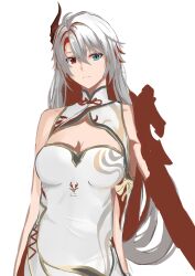 1girl absurdres alpha_(pgr) bare_arms blue_eyes china_dress chinese_clothes cleavage_cutout clothing_cutout colored_inner_hair dress grey_hair hair_between_eyes hair_ornament heterochromia highres lucia:_crimson_weave_(pgr) multicolored_hair official_alternate_costume punishing:_gray_raven red_eyes red_hair shuuka solo streaked_hair white_dress