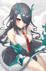 Rule 34 | 1girl, arknights, black hair, black jacket, blush, bright pupils, dragon girl, dragon horns, dragon tail, dress, dusk (arknights), earrings, fiery tail, gradient skin, green horns, hair over one eye, highres, horns, jacket, jewelry, long hair, looking at viewer, multicolored hair, pointy ears, red eyes, sitting, streaked hair, tail, tassel, tassel earrings, white dress, white pupils, z.m. (zimin)