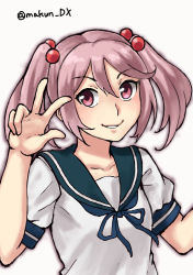 Rule 34 | 1girl, blue neckerchief, blue sailor collar, hair bobbles, hair ornament, kantai collection, light smile, looking at viewer, maakun (makun dx), neckerchief, one-hour drawing challenge, parted lips, pink eyes, pink hair, sailor collar, sazanami (kancolle), school uniform, serafuku, short hair, simple background, solo, twintails, white background