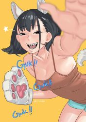 Rule 34 | 1girl, animal hands, aqua shorts, bad id, bad twitter id, black eyes, black hair, breasts, brown camisole, camisole, cleavage, cowboy shot, gloves, highres, medium hair, nia (nia4294), open mouth, original, paw gloves, sharp teeth, shorts, simple background, single glove, small breasts, smile, solo, star (symbol), tail, teeth, twitter username, uhi (nia), yellow background