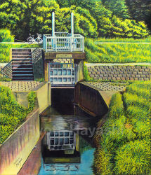 Rule 34 | artist name, bicycle, colored pencil (medium), commentary request, day, floodgate, hayashi ryouta, no humans, original, outdoors, real world location, river, scenery, stairs, traditional media, tree, water