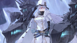 Rule 34 | 1girl, azur lane, black gloves, breasts, buttons, coat, coat dress, double-breasted, fur-trimmed coat, fur trim, gloves, hair between eyes, hat, high collar, highres, holding, holding scepter, large breasts, long hair, looking at viewer, looking away, military hat, red eyes, scepter, silver hair, solo, sovetskaya rossiya (azur lane), turret, very long hair, white coat, white hat, whitem (whiteemperor2020)