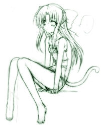 Rule 34 | 00s, 1girl, barefoot, bow, feet, green theme, hagane soushi, hair bow, half updo, len (tsukihime), long hair, melty blood, monochrome, one-piece swimsuit, school swimsuit, sketch, solo, swimsuit, tail, tsukihime, type-moon