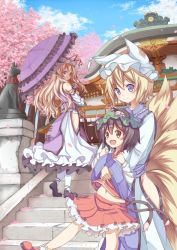 Rule 34 | 3girls, adapted costume, animal ears, animal hat, architecture, black footwear, black hair, blonde hair, blue eyes, blue sky, blush, cat ears, cat tail, chen, cherry blossoms, cloud, day, detached sleeves, dress, east asian architecture, fang, footwear ribbon, fox tail, frilled dress, frilled sleeves, frills, ging1993, green hat, hat, hat ribbon, hip focus, hip vent, holding, holding umbrella, hug, hug from behind, kneehighs, long hair, long skirt, long sleeves, looking at another, looking back, midriff, mob cap, multiple girls, multiple tails, navel, nekomata, no panties, open mouth, petals, purple eyes, purple hair, purple shirt, red skirt, red vest, ribbon, shirt, shoes, short hair, shrine, skirt, skirt set, sky, sleeveless, sleeveless shirt, smile, socks, stairs, statue, tabard, tail, thighs, touhou, tree, trigram, two tails, umbrella, vest, white dress, white legwear, white shirt, white skirt, wind, yakumo ran, yakumo yukari, yellow eyes