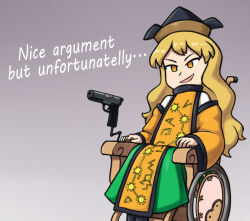 Rule 34 | 1girl, blonde hair, commentary, detached sleeves, edgycat, english commentary, english text, female focus, gradient background, green skirt, grey background, gun, handgun, hat, long hair, long skirt, looking at viewer, matara okina, meme, orange sleeves, orange tabard, simple background, sitting, skirt, smile, solo, tabard, touhou, v-shaped eyebrows, weapon, wheelchair, wide sleeves, yellow eyes