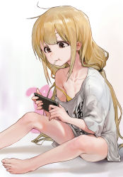 Rule 34 | 10s, 1girl, barefoot, blonde hair, candy, cellphone, clothes writing, feet, food, futaba anzu, highres, idolmaster, idolmaster cinderella girls, lollipop, long hair, low twintails, messy hair, modare, off shoulder, phone, shirt, smartphone, solo, strap slip, stuffed animal, stuffed rabbit, stuffed toy, t-shirt, twintails, you work you lose