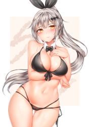 Rule 34 | 1girl, arm under breasts, bare arms, bare shoulders, bikini, black bikini, black ribbon, blush, bow, bowtie, breasts, cameltoe, closed mouth, contrapposto, cowboy shot, curvy, detached collar, embarrassed, eyebrows, five-seven (cruise queen) (girls&#039; frontline), five-seven (girls&#039; frontline), girls&#039; frontline, gluteal fold, groin, hair between eyes, hair ornament, hand on own chest, high ponytail, highres, hip focus, large breasts, long hair, looking at viewer, lowleg, lowleg bikini, multi-strapped bikini, navel, official alternate costume, outside border, ponytail, ribbon, shiny skin, side-tie bikini bottom, sidelocks, silver hair, skindentation, solo, standing, stomach, swimsuit, thighs, very long hair, wide hips, yellow eyes, zerocat