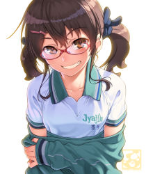 Rule 34 | 1girl, aoi sora (pairan), artist name, black ribbon, blush, brown hair, clothes writing, collarbone, commentary request, glasses, green jacket, grin, hair ornament, hair ribbon, hairclip, head tilt, jacket, long hair, long sleeves, looking at viewer, low twintails, original, pairan, parted lips, red-framed eyewear, ribbon, semi-rimless eyewear, shirt, short sleeves, sidelocks, simple background, sleeves past wrists, smile, solo, tareme, teeth, track jacket, twintails, under-rim eyewear, undressing, upper body, white background, white shirt, wing collar