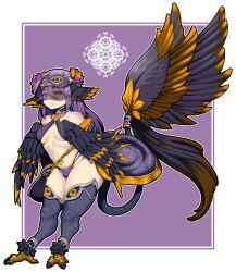 Rule 34 | 1girl, bare shoulders, bird legs, black feathers, black thighhighs, black wings, border, breasts, commentary, commission, drooling, english commentary, feathered wings, feathers, flower, hair between eyes, hair flower, hair ornament, harpy, head wings, highres, long hair, medium breasts, monster girl, navel, niandni, oneiroi (apexhydra8), original, panties, partially feathered tail, purple background, purple hair, purple panties, purple thighhighs, solo, stomach tattoo, talons, tattoo, thick thighs, thighhighs, thighs, underwear, white border, winged arms, winged tail, wings