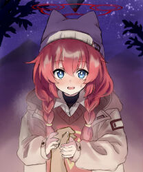 Rule 34 | 1girl, absurdres, animal ear headwear, beanie, blue archive, blue eyes, blush, braid, commentary request, fake animal ears, grey headwear, grey jacket, hair between eyes, halo, hand grab, hat, highres, jacket, long hair, long sleeves, looking at viewer, maki (blue archive), maki (camp) (blue archive), official alternate costume, open mouth, partial commentary, pov, pov hands, red hair, red halo, saibashi (develop komono), solo focus, twin braids