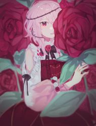 Rule 34 | 1girl, bad id, bad twitter id, black bow, bow, clothing cutout, dress, flower, hair flower, hair ornament, highres, holding, holding flower, looking at viewer, medium hair, mei (adomanju), nijisanji, nijisanji en, one eye covered, oversized flower, parted lips, pink hair, plant, red dress, red eyes, red flower, red rose, rose, rosemi lovelock, rosemi lovelock (1st costume), short sidetail, shoulder cutout, solo, thorns, vines, virtual youtuber, white flower, white rose