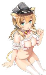 Rule 34 | 1girl, :d, anchor hair ornament, animal ear fluff, animal ear legwear, animal ears, aqua eyes, arm garter, bell, black hat, blonde hair, blush, bow, bra, breasts, cat cutout, cat ear legwear, cat ear panties, cat ears, cat girl, cat lingerie, cat tail, choker, cleavage, cleavage cutout, clothing cutout, collarbone, commentary request, dessert, dripping, eating, fang, food, frilled bra, frills, groin, hair between eyes, hair ornament, hat, highres, holding, holding food, inuzumi masaki, jingle bell, kantai collection, kemonomimi mode, lapels, large breasts, lingerie, long hair, looking at viewer, melting, meme attire, navel, neck bell, open mouth, panties, paw print, peaked cap, peaked lapels, pink bow, popsicle, prinz eugen (kancolle), side-tie panties, simple background, sitting, skindentation, smile, solo, tail, thighhighs, tongue, tongue out, twintails, underwear, underwear only, wet, white background, white bra, white choker, white thighhighs