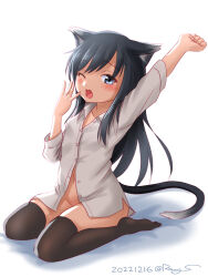 Rule 34 | 1girl, animal ears, asashio (kancolle), asashio kai ni (kancolle), black hair, black thighhighs, blue eyes, cat ears, dated, hair between eyes, kantai collection, looking at viewer, no panties, one-hour drawing challenge, one eye closed, ray.s, shadow, shirt, sitting, solo, tail, thighhighs, twitter username, wariza, white background, white shirt, yawning