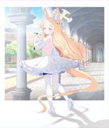 Rule 34 | 1girl, animal, animal ears, bare shoulders, bird, blonde hair, blue archive, blush, closed mouth, detached sleeves, dress, eko, fox ears, fox tail, halo, high heels, highres, long hair, pantyhose, seia (blue archive), smile, solo, striped clothes, striped pantyhose, tail, vertical-striped clothes, vertical-striped pantyhose, white bird, white dress, white footwear, white pantyhose, white sleeves, yellow eyes, yellow halo