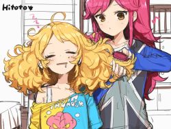Rule 34 | 2girls, ahoge, aikatsu!, aikatsu! (series), bed, blonde hair, bra strap, brown eyes, commentary request, curly hair, drooling, eighth note, closed eyes, hair brush, brushing hair, hair down, hitoto, indoors, long hair, messy hair, multiple girls, musical note, off shoulder, one-hour drawing challenge, open mouth, otoshiro seira, partially colored, red hair, room, saegusa kii, shelf, shirt, sketch, sleepy, t-shirt, unfinished, upper body, whistling, zzz