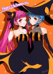 Rule 34 | 2girls, :q, blue hair, blunt bangs, breasts, brown eyes, cleavage, closed mouth, cowboy shot, dress, elbow gloves, female focus, fire emblem, fire emblem: three houses, gloves, halloween costume, happy halloween, hat, hilda valentine goneril, long hair, marianne von edmund, matching hair/eyes, multiple girls, nintendo, one eye closed, orange background, pink eyes, pink hair, simple background, standing, strapless, strapless dress, thighhighs, tongue, tongue out, twintails, twitter username, witch hat, yutohiroya