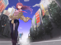 Rule 34 | 1girl, amausa subee, belt, black footwear, black pantyhose, black shorts, blue sky, boots, breasts, brown hair, building, city, closed mouth, cloud, collar, collared shirt, floating, floating hair, floating neckwear, from below, full body, grey jacket, jacket, pantyhose under shorts, long hair, long sleeves, looking at viewer, makise kurisu, necktie, off shoulder, outdoors, pantyhose, purple eyes, red necktie, road, shirt, shorts, sky, sleeves past wrists, smile, solo, standing, steins;gate, street, white belt, white shirt, wind